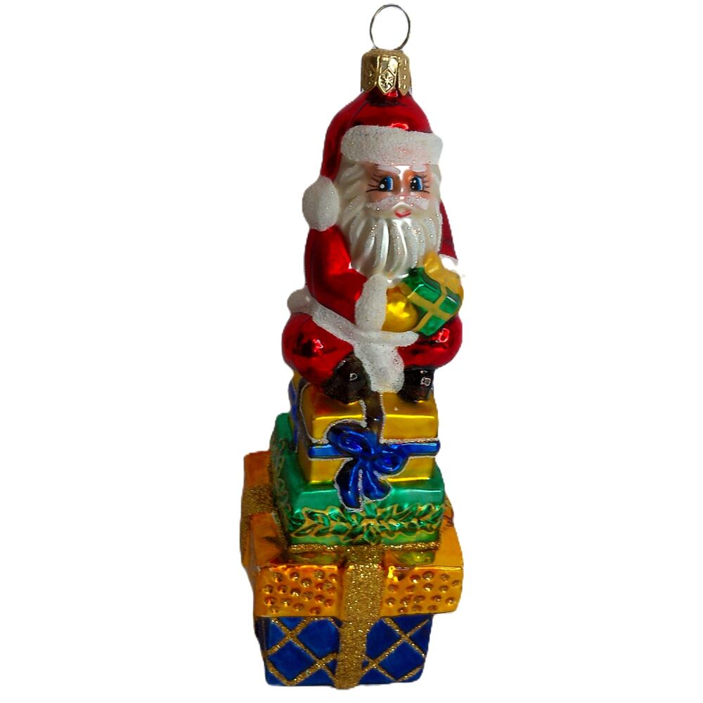 Santa on Stack of Gifts Christmas Ornament  7" Holiday Decor Hand-Painted Glass